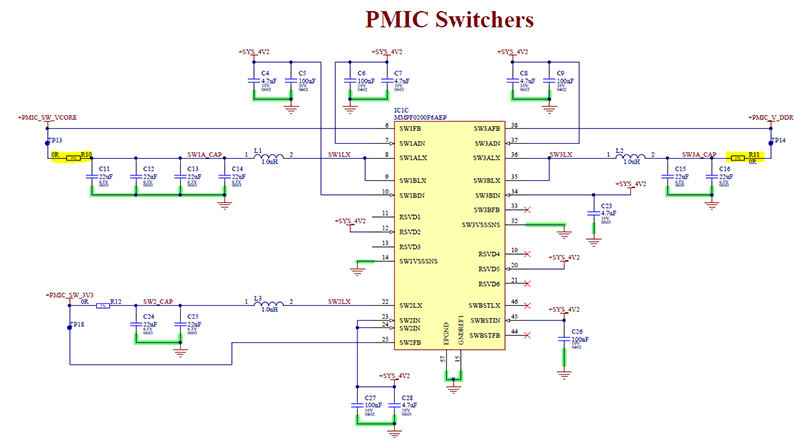Figure 3 Shut resistors added to supply rails. Notice the feedback is after the shunt to correct for voltage drop.